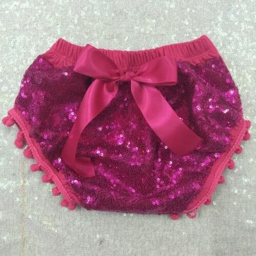 Toddler Kids Girl Sequins bloomer Tie Bow Elastic Waist Trousers pom pom diaper covers hot pink sparkle glitter pom pom bloomers