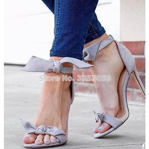 ALMUDENA Elegant Grey Beige Pink Suede Bowtie Sandals Stiletto Heels Double Butterfly-knot Gladiator Shoes Wedding Heels Pumps