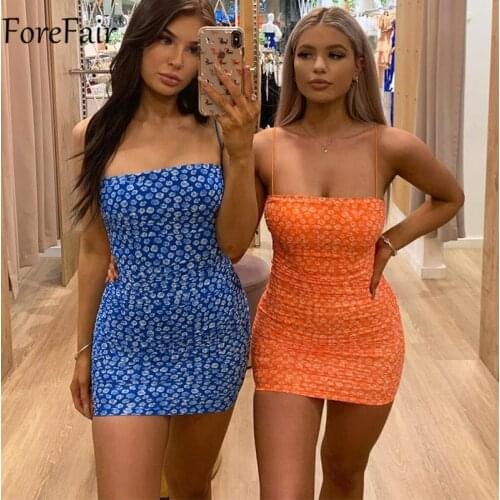 Forefair Blue Sexy Mini Women Dresses Backless Floral Print Bodycon Sleeveless Spaghetti Strap Casual Party Dress 2021 Summer