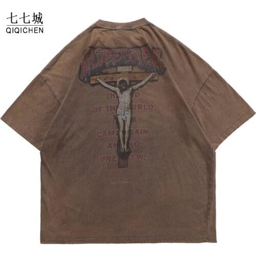 Mens T Shirts Ancient Culture Letter Print Distressed T Shirt Loose Vintage High Street Hip Hop Streetwear Summer Tops Couple