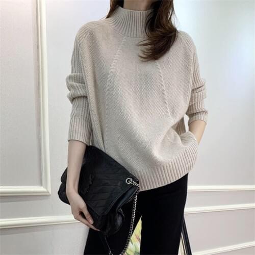 Cashmere sweater women half high neck thick loose 100% cashmere knitted wool sweater pullover large size sweater women winter