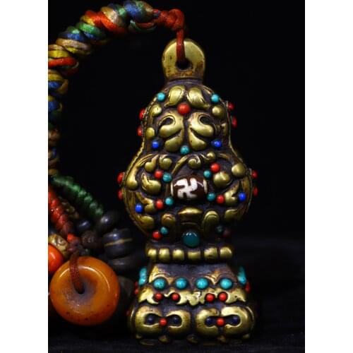 5" Tibet temple collection Old Bronze mosaic Gem Dzi Bead French seal Buddhist seal Pendant Town House Exorcism