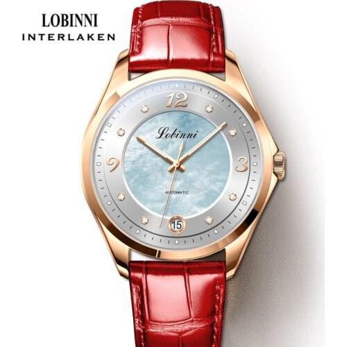LOBINNI High-End Seagull Movement Womens Watch Mother-of-Pearl Dial Design Luxury Mechanical Woman Wristwatch
