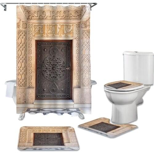 Bathroom Shower Curtain and Rug Sets Bronze Flower Door Pattern Toilet Lid Cover Bath Mat Waterproof Shower Curtains Set
