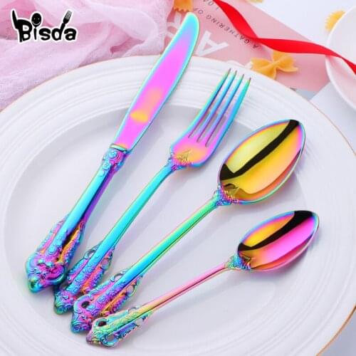 4Pcs Cutlery Set Western Luxury Tableware 304 Stainless Steel Dinnerware Set Colorful Knives Forks TeaSpoons Wedding Party Tools