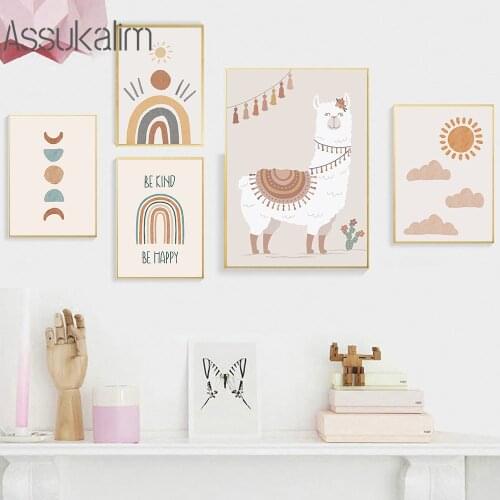 Nursery Wall Art Poster Cartoon Prints Alpaca Canvas Painting Sunshine Rainbow Posters Nordic Wall Picture For Kids Room Decor