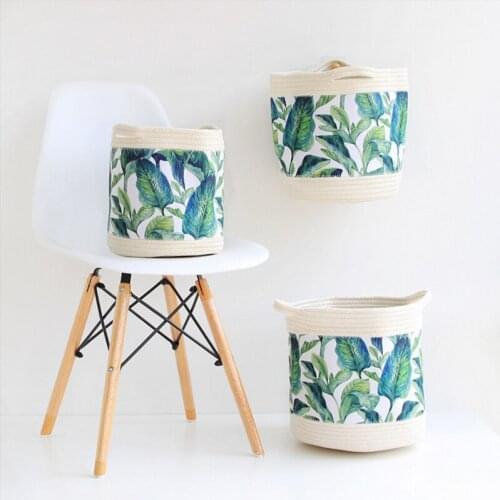 Nordic Green Leaf Cotton Rope Foldable Storage Basket Tropical Flowers Woven Finishing Baskets Sundries Organizer Bucket 1PC
