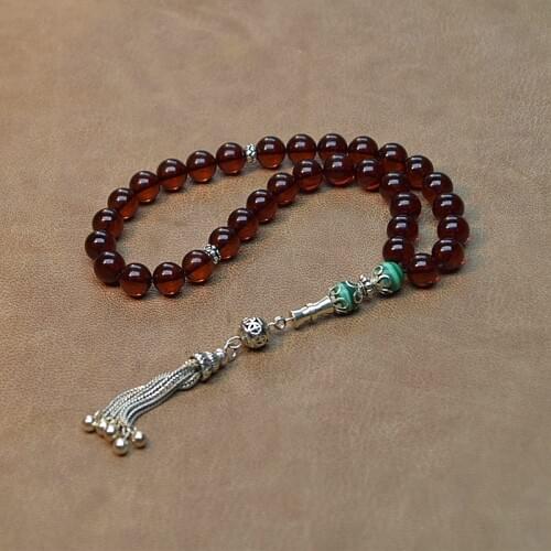 New 100% Natural Amber stone Maroon 9mm+ Beads Muslim Taisbyha Rosary 925 Silver Accessories Free Shipping