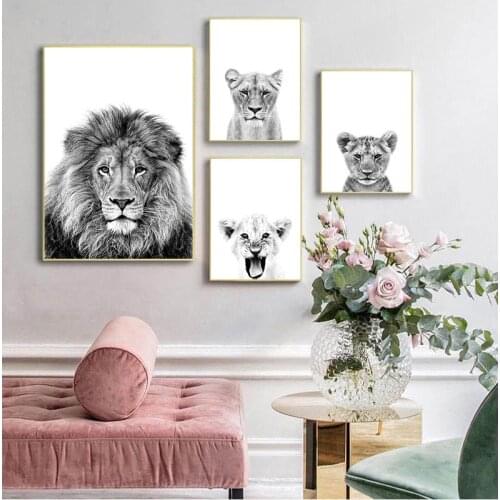 Lion Cub Print Black and White Lioness Animals Posters Safari Nursery Wall Decor Baby Animal Kids Wall Art Canvas Painting
