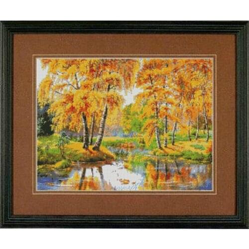 Top Quality lovely beautiful counted cross stitch set birch tree autumn golden tree forest lake