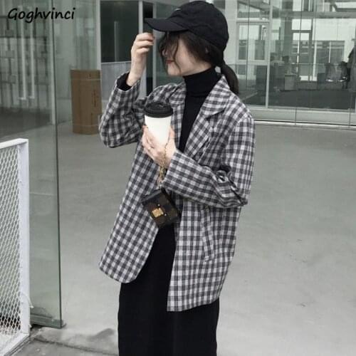 Women Blazers Autumn Plaid Single Breasted Notched Korean-style Casual Coat Loose Elegant Fashion Simple All-match Student Chic