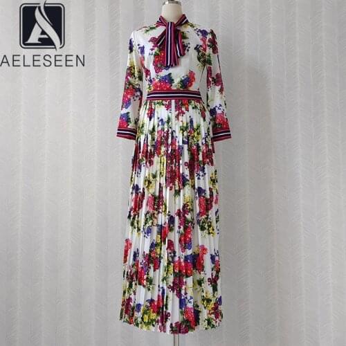 AELESEEN Women Maxi Long Dress 2021 Spring Autumn Bow Collar Colorful Floral Priint Elegant Party Holiday Pleated Dress