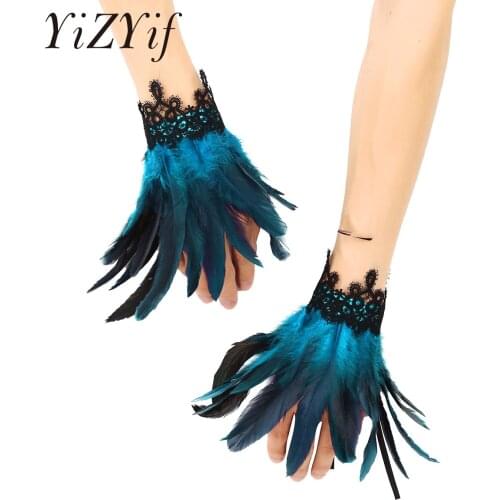 1 Pair Faux Pearl Lace Real Natural Dyed Rooster Feather Wrist Cuffs with Ribbon Ties for Party Halloween Photography Costumes