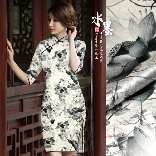 118cm wide 19mm 93% silk & 7% spandex ink lotus print silk satin fabric for summer dress shirt clothes