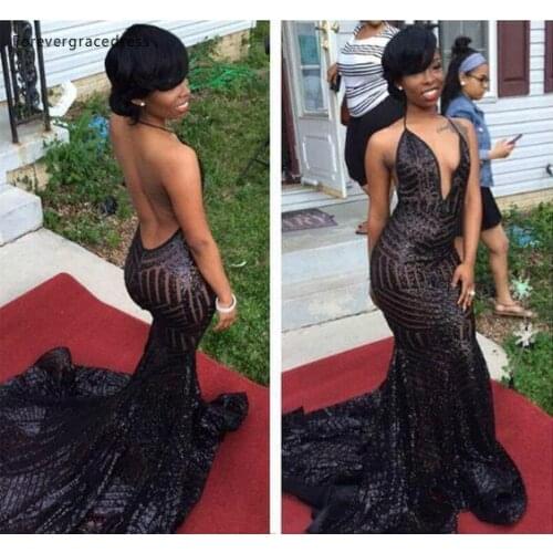 2019 Black Sequins Mermaid Afican Prom Dress New Sleeveless Long Formal Holidays Wear Graduation Evening Party Gown Custom Made