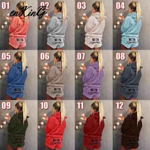 2020 Sports Suit Female Women tracksuit Plus Size 5XL Winter Warm Pajamas Two Piece Set Sleepwear Cute Cat Meow Pattern Hoodies
