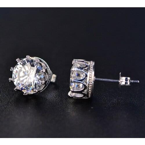 2021 Classic Luxury Real Solid 925 Sterling Silver Earrings for Women Big Zircon Crown Ear Stud Wedding Jewelry Christmas Gift