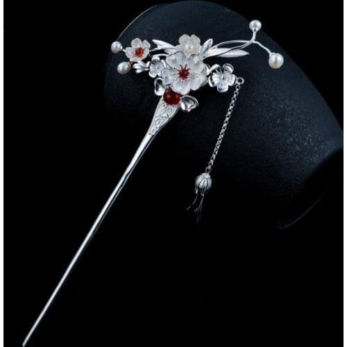 925 Sterling Silver Hair Stick Pearl Agate Tassels Flower Dangle Hairpin Women Luxury Jewelry