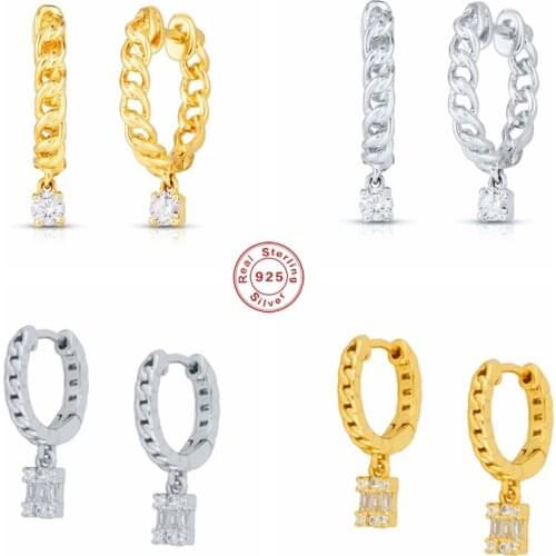 BOAKO 925 Sterling Silver Gold Hoop Earrings For Women Cubic Zirconia Jeweled Single Crystal Pendant Chain Shape Circle Earring