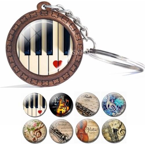 Music Instrument Picture Keychain Piano Guitar Clarinet Flute Violin Sax Glass Cabochon Wooden Keychain Fashion Accessories