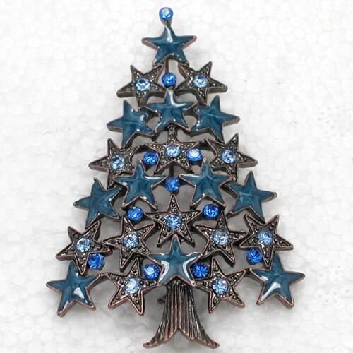 Antique copper Blue Enamel Rhinestone Christmas tree Pin brooches C550 B3