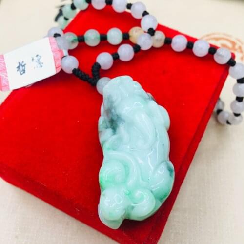Pure natural Emerald jade carving blue flower big unicorn pendant three-color jade jade necklace sweater chain