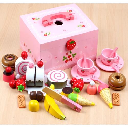Baby Toys Strawberry Simulation Cake/Afternoon Tea Set Cut Game Pretend Play Kitchen Food Wooden Toys Child Birthday Gift