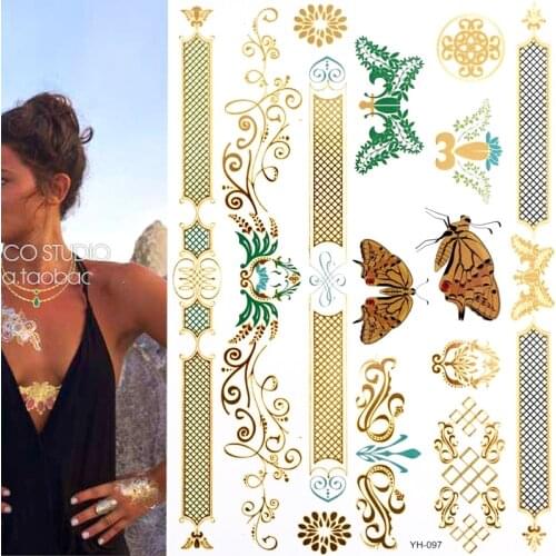 Hot Flash Metallic Waterproof Temporary Tattoo Gold Silver Tatoo Women Henna Boho Floral Design Tattoo Sticker