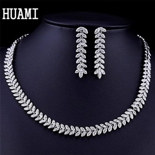 HUAMI Exquisite Bridal Jewelry Sets Women Cubic Zirconia Wedding Party Silver Color High Quality CZ Necklace Earrings Femme