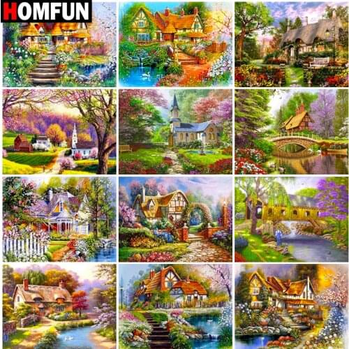 HOMFUN Rhinestone Painting Crystal Decor Diy Diamond Painting "Forest house landscap" 3D Cross Stitch Pattern Diamond Embroidery