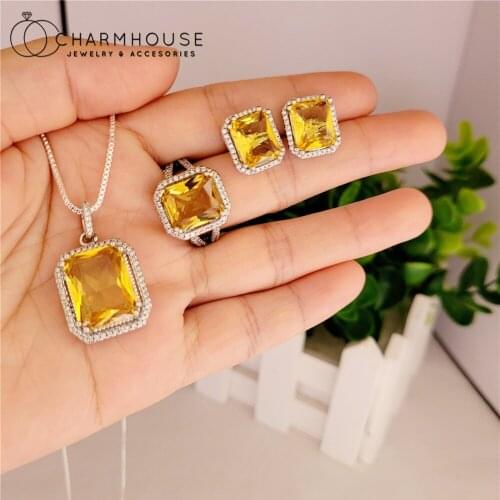 Pure Silver Jewelry Sets For Women Gemstone Cubic Zirconia Square Pendant Necklace Ring Earrings 3 pcs Rhinestone Jewellery Set