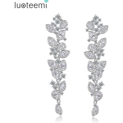 LOUTEEMI Women Wedding Long Drop Earrings Multiple Flowers Engagement Luxury Jewelry Clear Cubic Zircon Stones Gifts