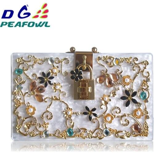 Fashion Prom evening bag diamond flower Clutch Bag hollow relief Acrylic luxury handbag banquet party purse womens Shoulder bag