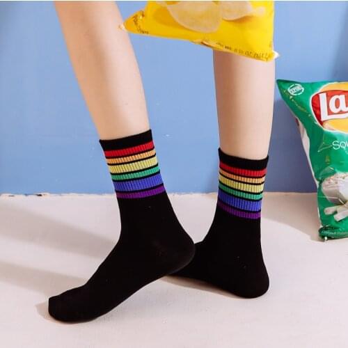 Unisex Stripes Mid Men Socks Harajuku Colorful Funny Kawaii Socks Men 100 Cotton 1 Pair Kawaii Rainbow Color Size Calzini Donna