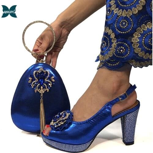 Newest Royal Blue Shoes and Bag Set for Party Ladies Italian design Shoes and Bag Set Decorated with Rhinestone luxury shoes