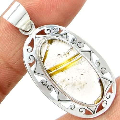 Lovegem Genuine Golden Rutile Pendant 925 Sterling Silver, 46 mm, AP0152