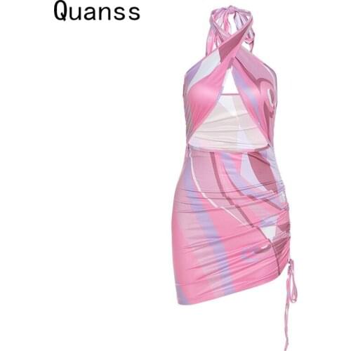 Quanss Halter Sundress Women Sexy Hollow Out Sleeveless Backless Bodycon Party Club Outfits Drawstring Print Summer Dress 2021