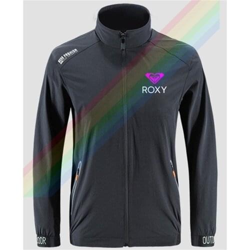 Ro-xy Pink Heart White Font Logo Slim Sport Jacket Mens Street Windbreaker Zipper Thin Jacket Casual Front Printing Jacket