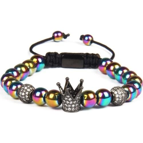 Luxury Crown Charm Bracelets 8mm Multicolor Hematite Stone Beads Jewelry Top Quality Rope Chain Unisex Classic Bangle