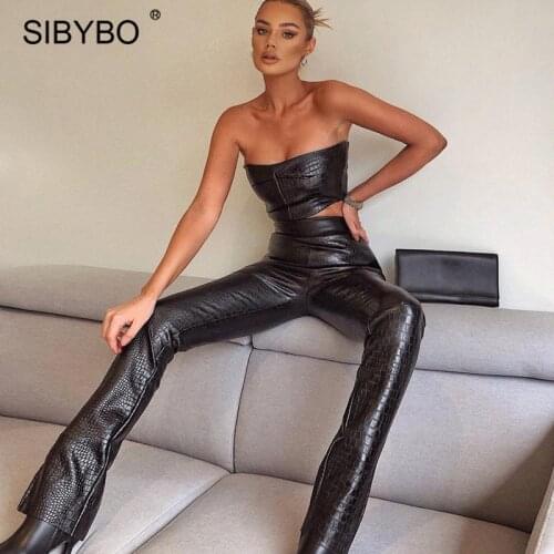 Sibybo PU Leather Wrapped Chest Tops And Pants Matching Set Women 2021 Spring Two Piece Sets Off Shoulder Party Wear Outfits