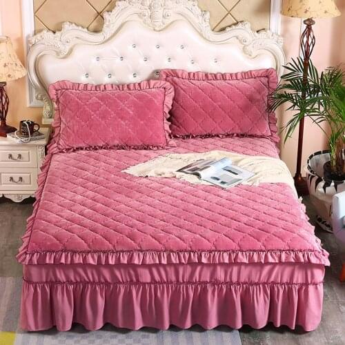 Thickening Thickened flannel quilting Bed spread Fitted Sheet Pillowcases 2/3pcs Solid Princess Double decker Lace Bedding