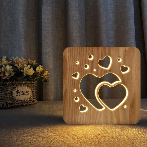 Heart Stars Moon Love 3D LED Wooden Night Light Hollow Table Lamp USB Power Desk Lights For Baby Kids Birthday Gift