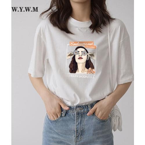 WYWM 2021 Summer Funny Character Printed Tshirts Woman Harajuku Cartoon Graphic Tee Loose Short Sleeve Green Tops for Women