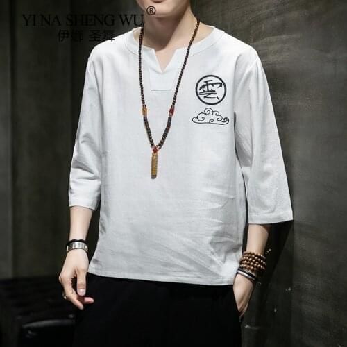 Japanese Kimono Chinese Style Embroidery Linen T-shirt Mens Summer Short-sleeved Tang Shirt Loose Large Size T-shirt Men New