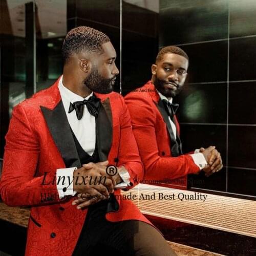 Elegant Red Floral Pattern 3Piece Wedding Tuxedo Peak Lapel Double Breasted Groom Wear Formal Prom Party Men Suit Best Man Blazr