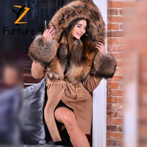 2021 New Women Winter Outerwear Parka coat With Raccoon Fur Collar Long Woolen Coat Fashion Female Jacket Real Fur Hooded Coat