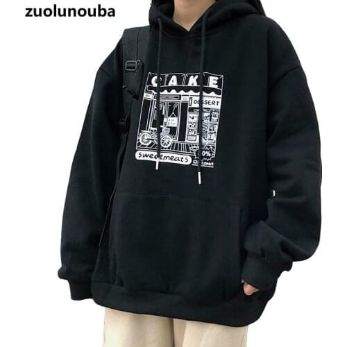 2020 Fall And Winter Loose Cartoon Anime Print Ladies Hoodie Casual Trend Plus Velvet Thick Drawstring Pocket Women Sweatshirt