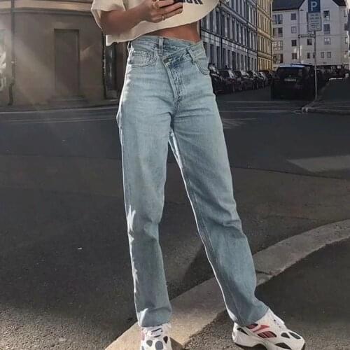 Vintage Irregular Jeans Women 2021 Autumn High Waist Button Cotton Retro Long Wide Leg Pants Casual Vintage Trousers Chic