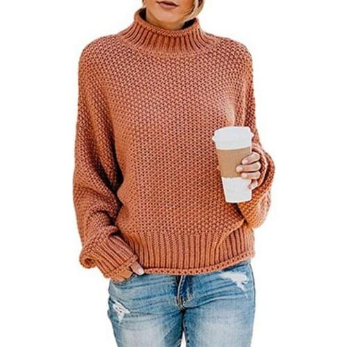 Women Autumn Winter Sweater Solid Color Knitted Sweater Long Sleeve Turtleneck Rolled Edges Ladies Stretchy Pullovers