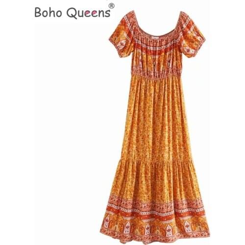 Boho Queens women Floral print off shoulder beach Bohemian maxi dress Ladies elestic happie dress vestidos
